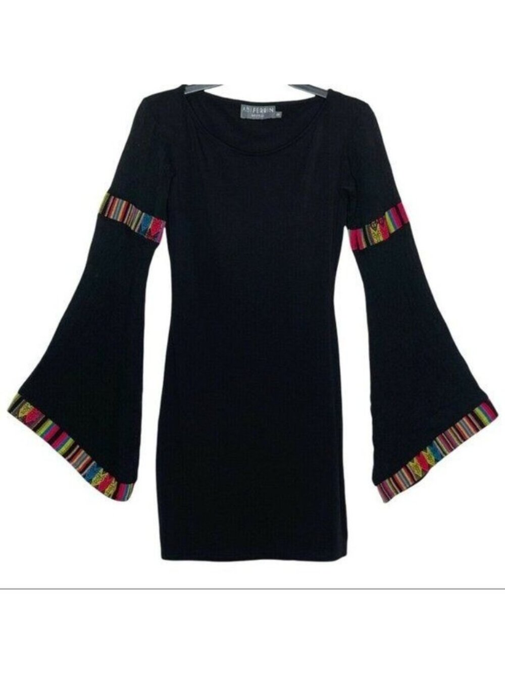 Abi Ferrin ROSALIE Women's Bodycon Black Dress Bell Sleeves Boho Trim Size XS - Picture 2 of 12